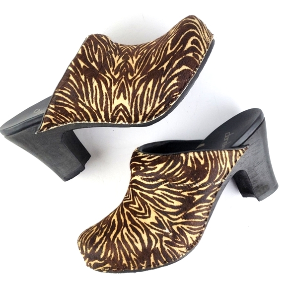 Dansko Shoes - Dansko Rae Leather Pony Hair Zebra Print Platform Heeled Mule Brown & Cream